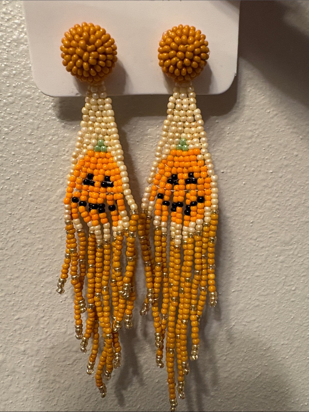 Beaded Pumpkin Fringe Earrings in Orange - Kids Jewelry